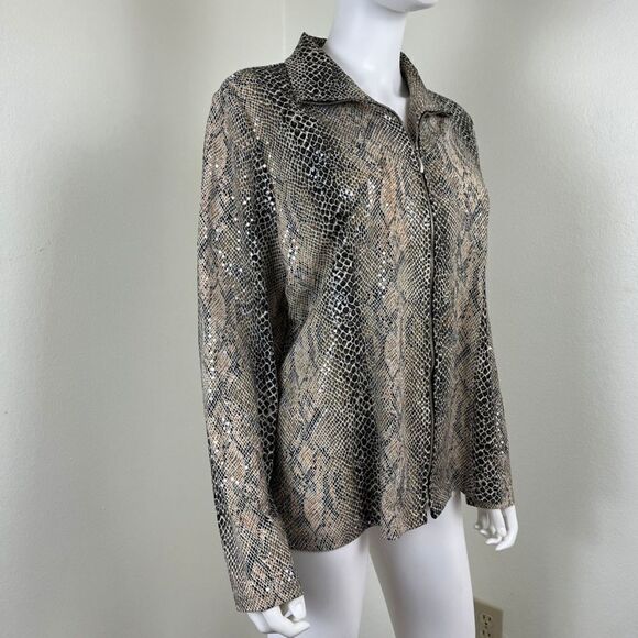 Misook Womens Size L Brown Sequin Snakeskin Print Lightweight Full Zip Jacket - Picture 6 of 13